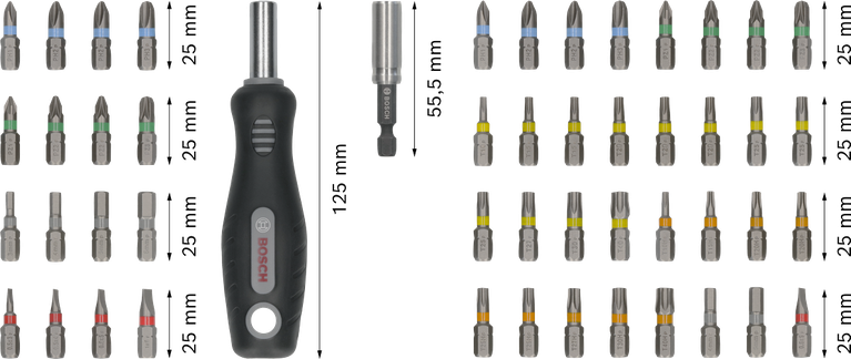 Jogo de pontas para chaves de fenda Bosch Extra Hard com cabo ergonômico.